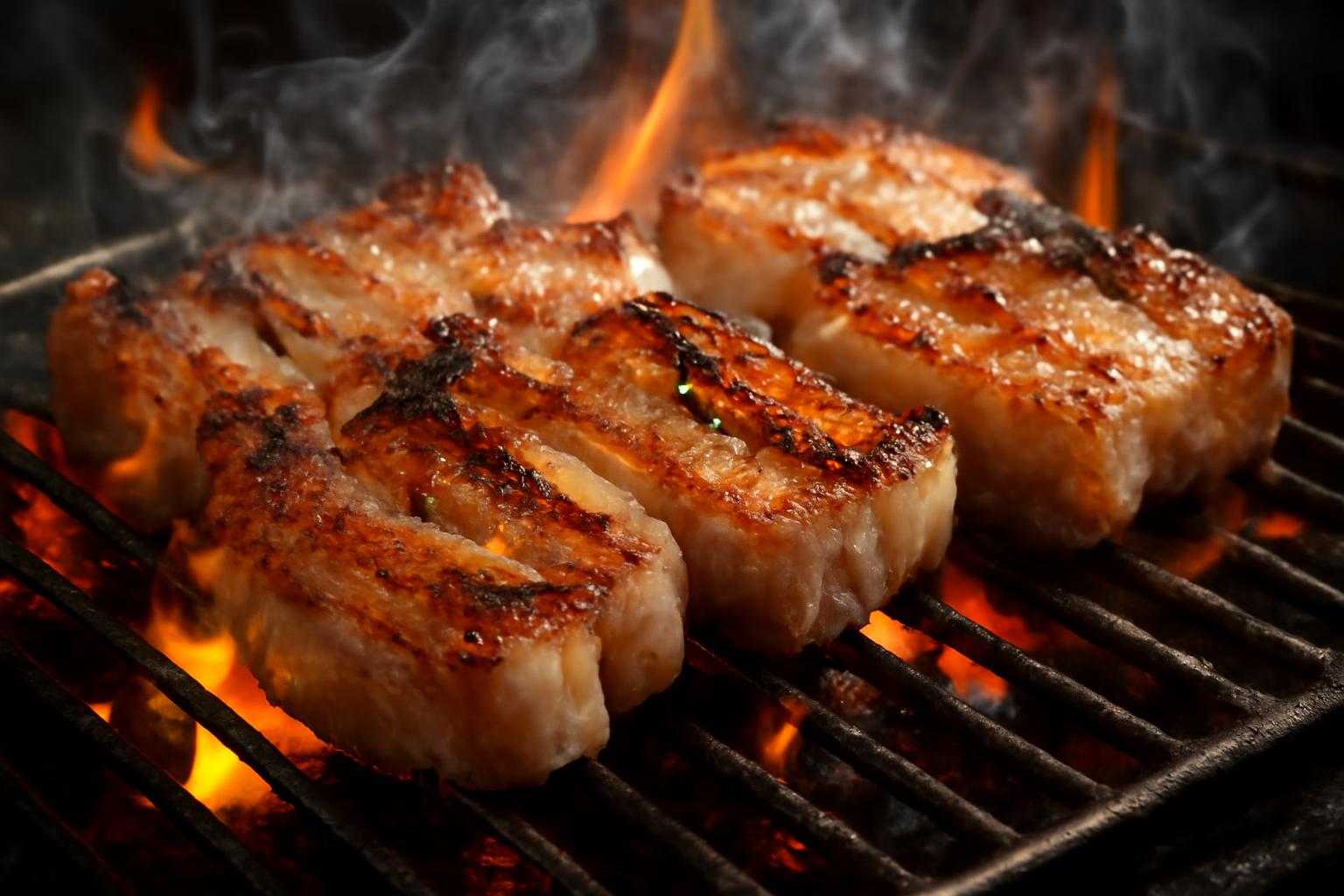 豚バラ肉を焼き網の上で焼いている調理風景