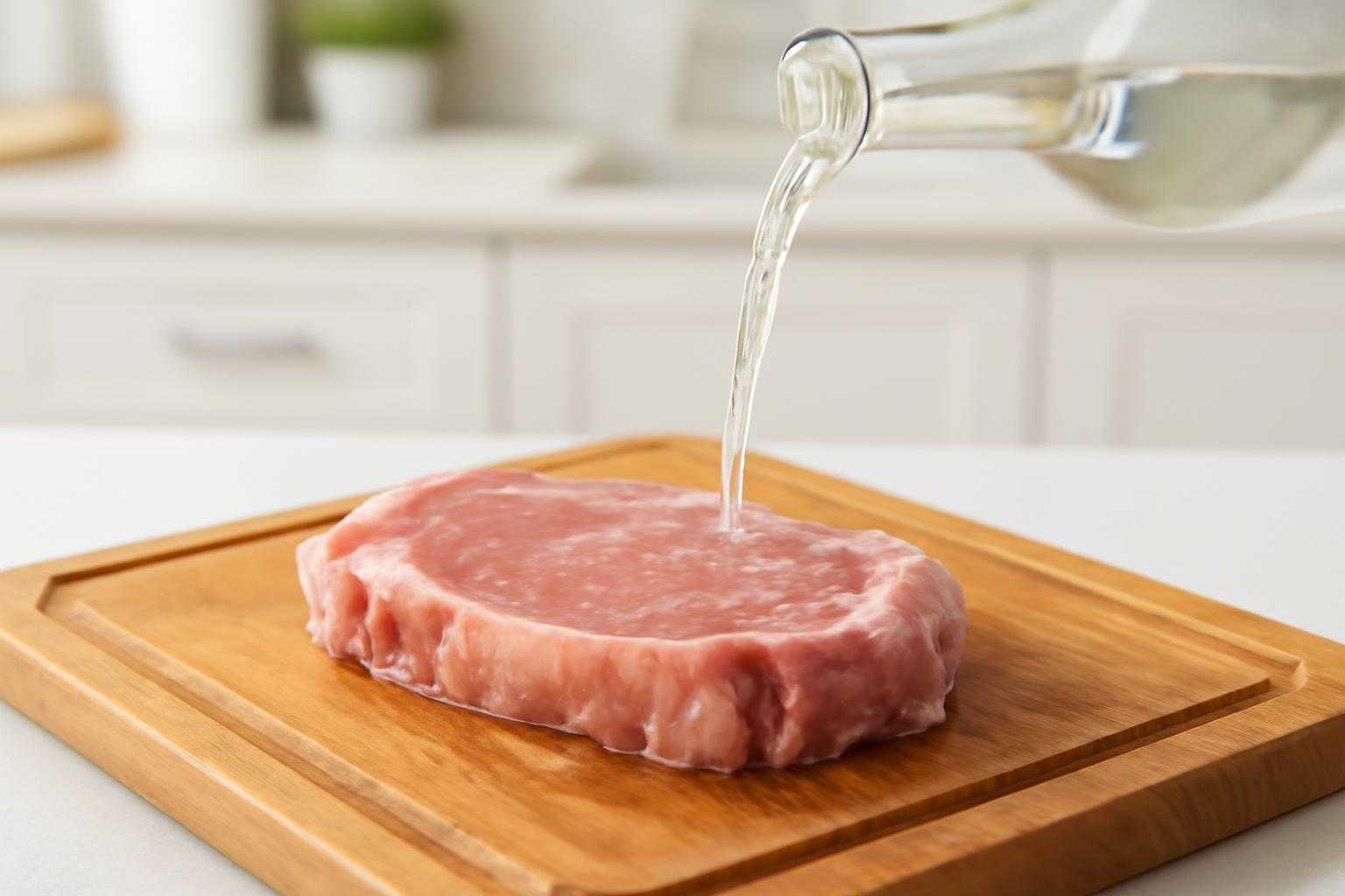 まな板の上に豚肉を置き、日本酒を注ぎかけている調理シーン