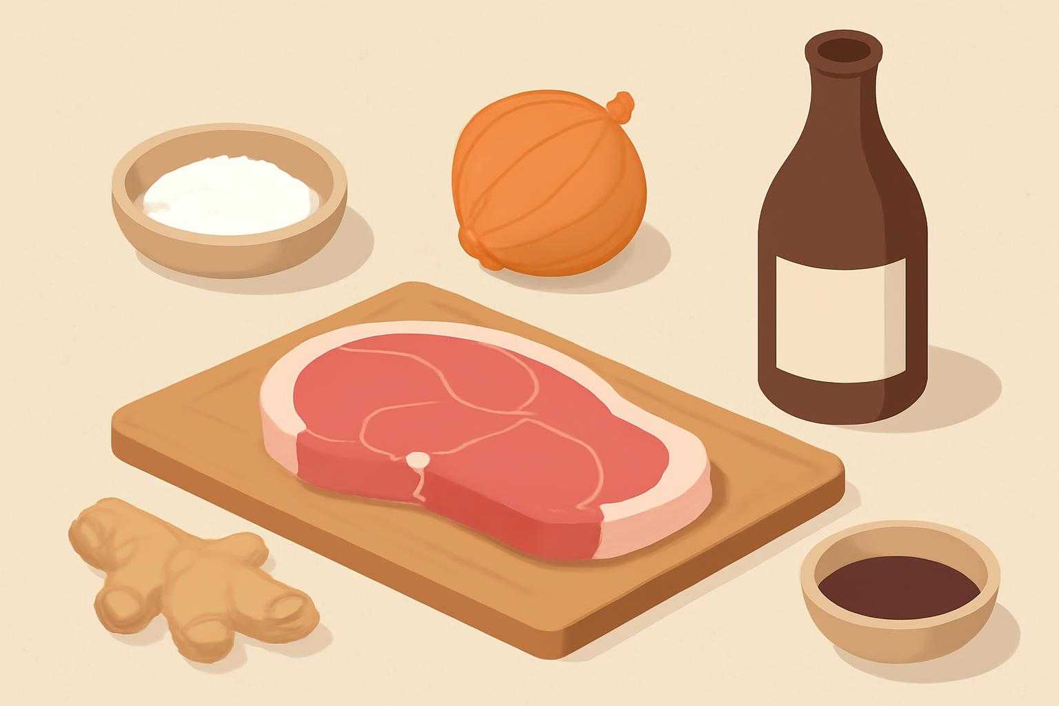豚肉の周りに塩、生姜、玉ねぎなどの臭み消し食材が並んでいる様子