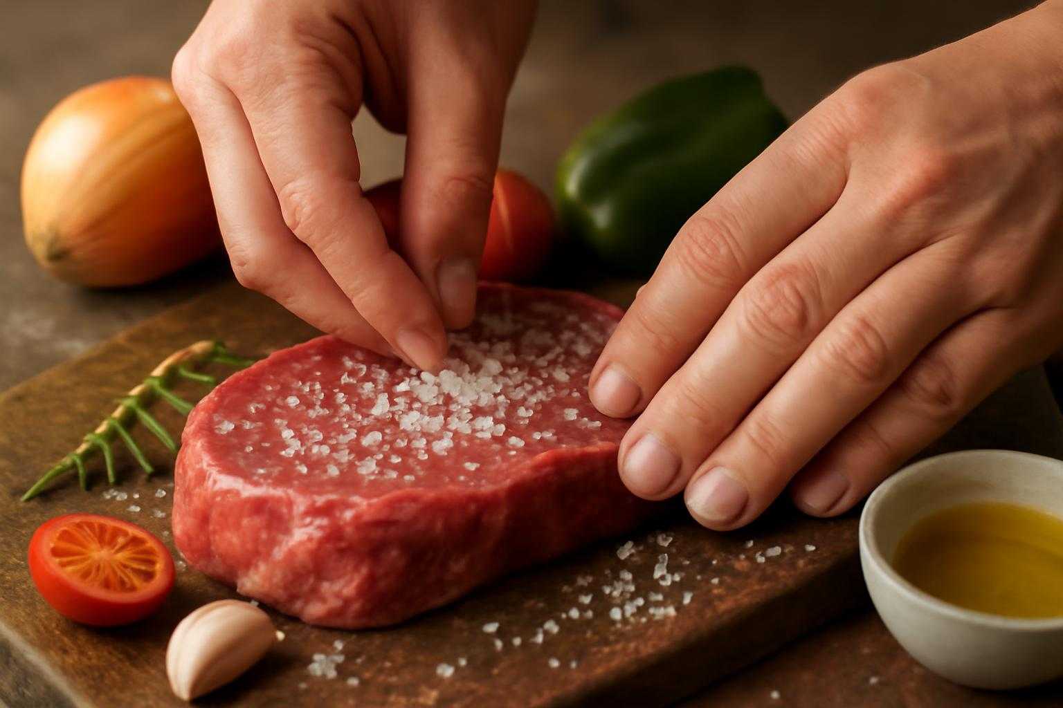 牛肉を塩漬けにしたり、野菜と一緒に漬け込む下処理の様子