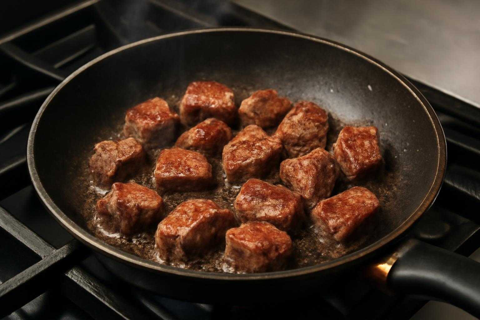 牛肉を火にかけて調理する際のポイントを示す調理シーン