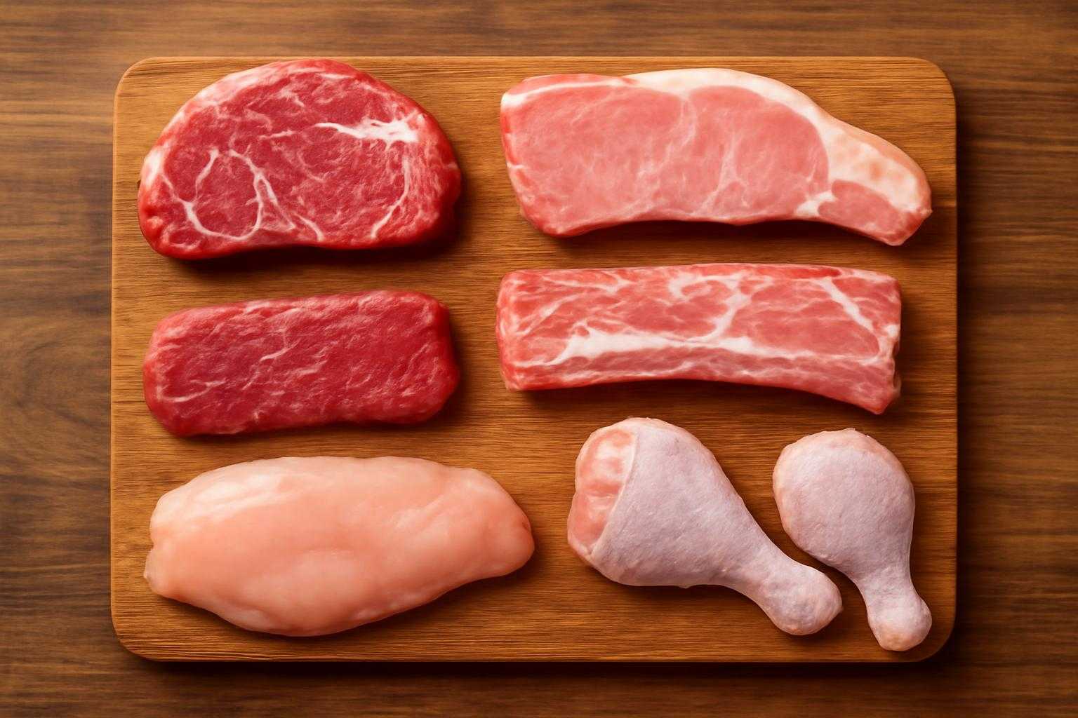 牛肉、豚肉、鶏肉などの肉の種類が並んだ画像
