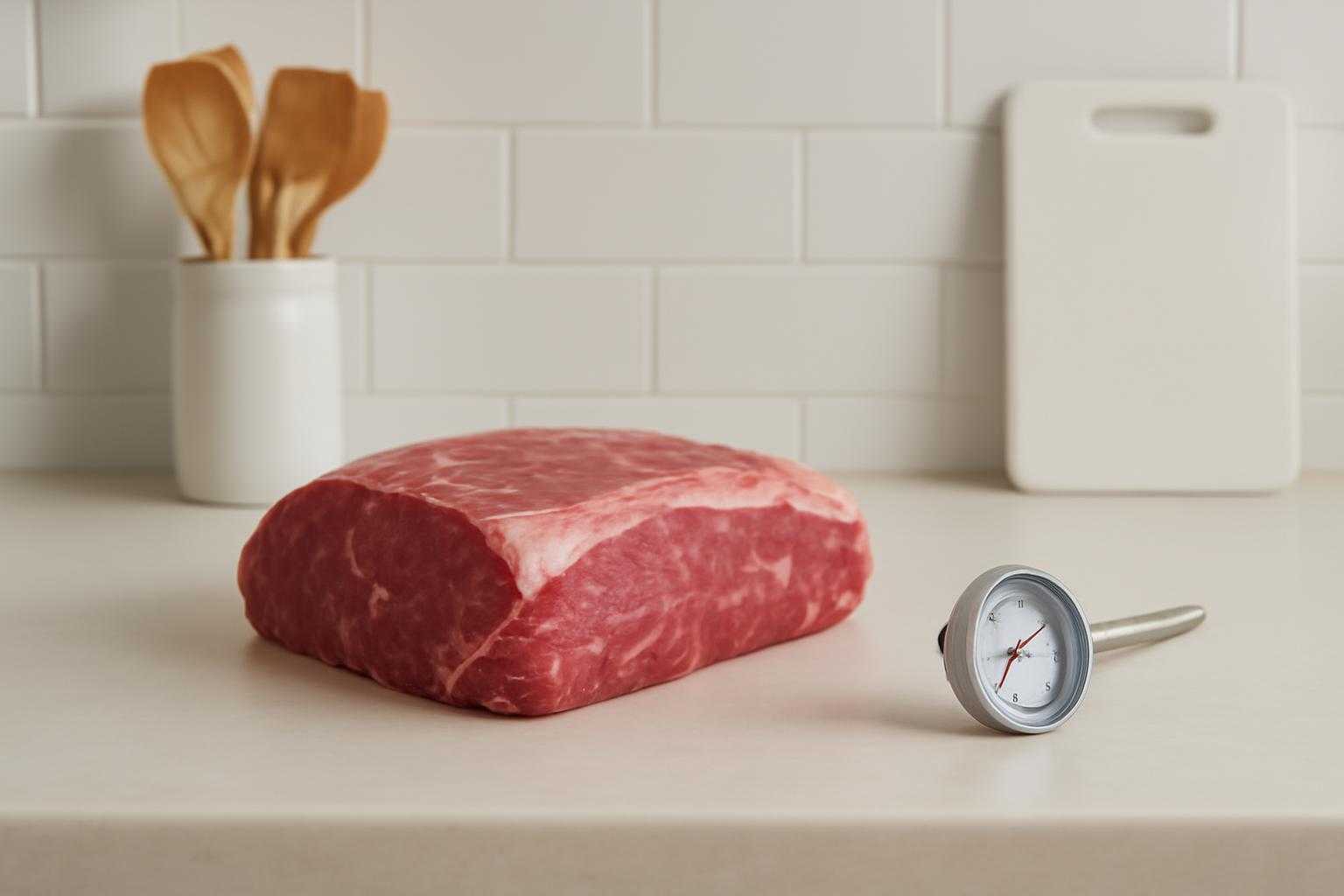 キッチンカウンターに置かれた肉と温度計の画像