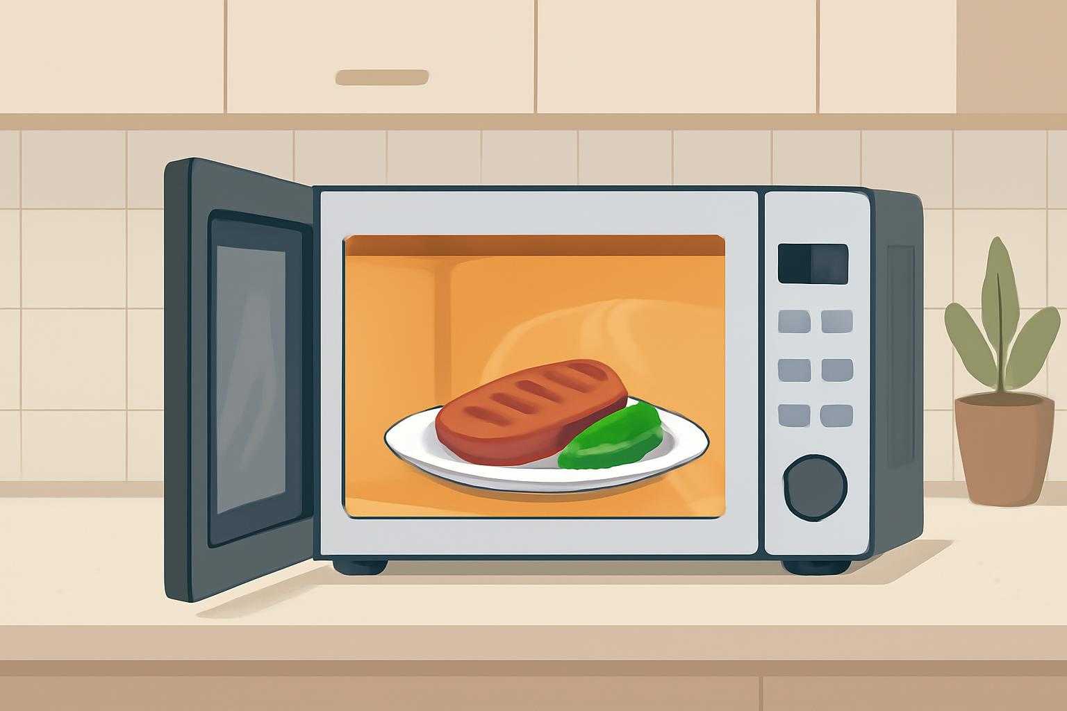 冷蔵庫から取り出した焼肉をお皿に移し、電子レンジで温めている情景
