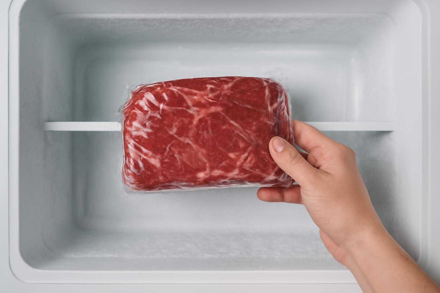 牛肉をラップで包み、冷凍室に入れる保存の様子