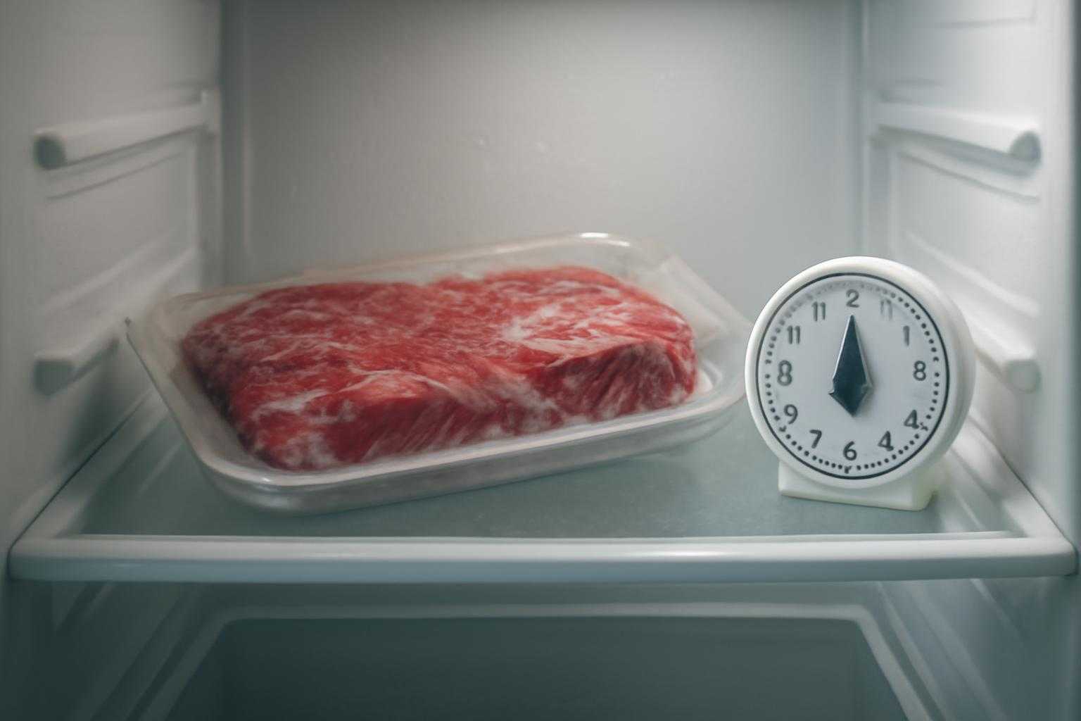 冷蔵庫で解凍される牛肉とタイマーの画像