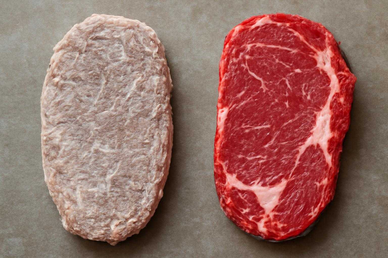 冷凍焼けした牛肉と新鮮な牛肉の比較画像