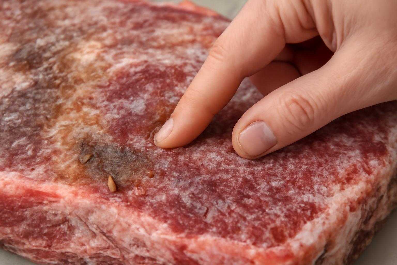 冷凍牛肉の色合いを手で触れて確認している様子
