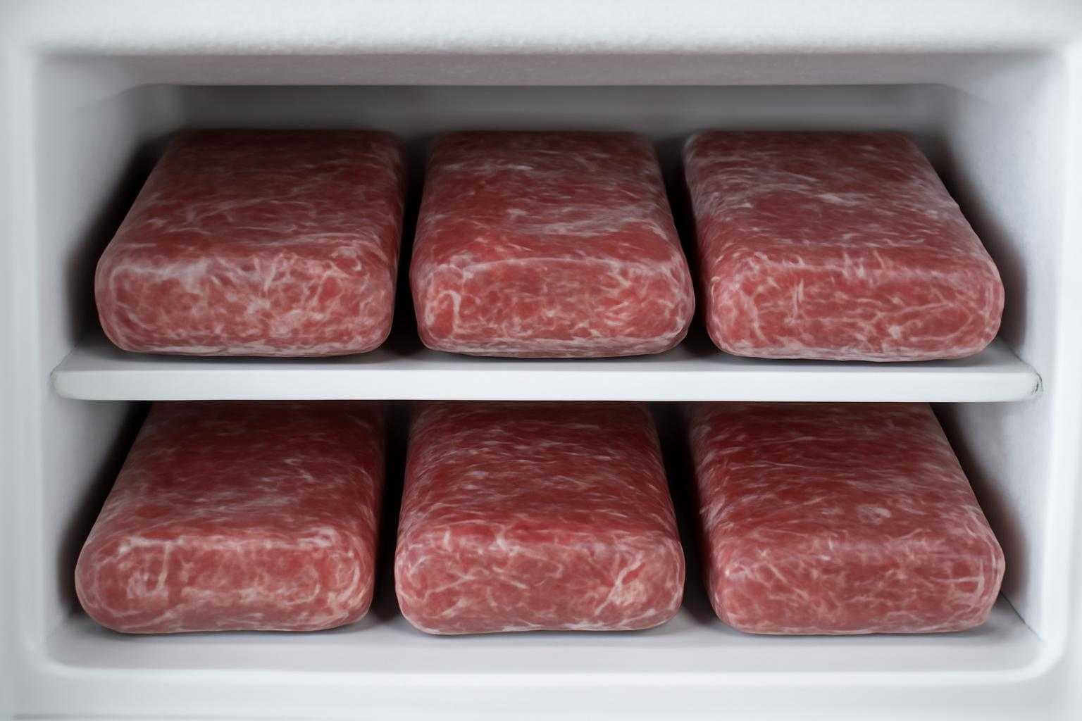 ラップに包まれた牛肉が冷凍庫に整理して保存されている状態