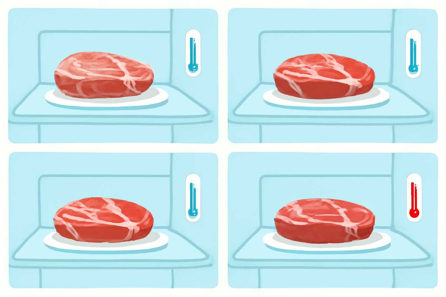 冷蔵庫の中で牛肉が段階的に解凍されていく過程を示したイメージ