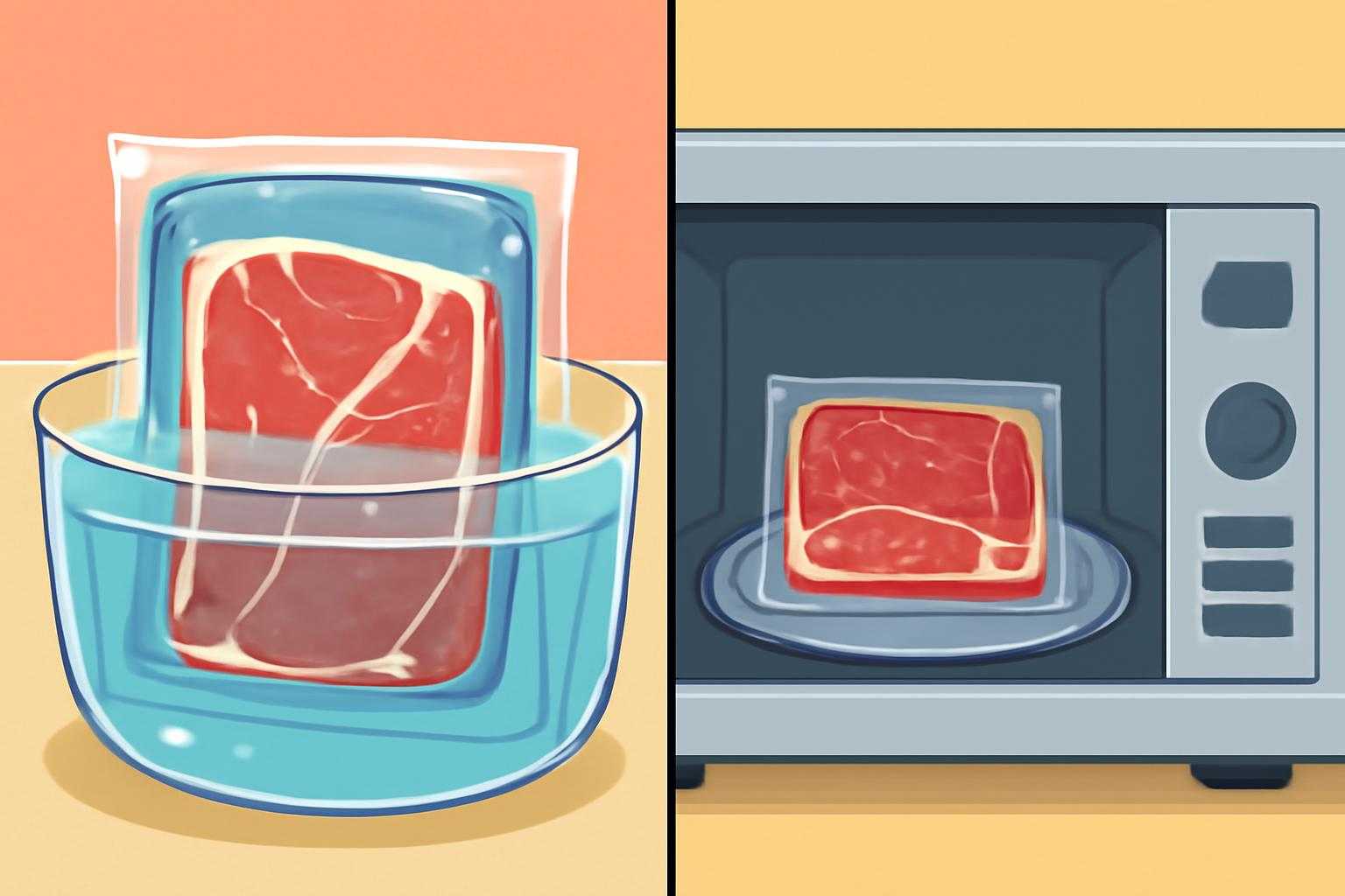 氷水に浸した牛肉の急速解凍と電子レンジでの解凍方法を表現