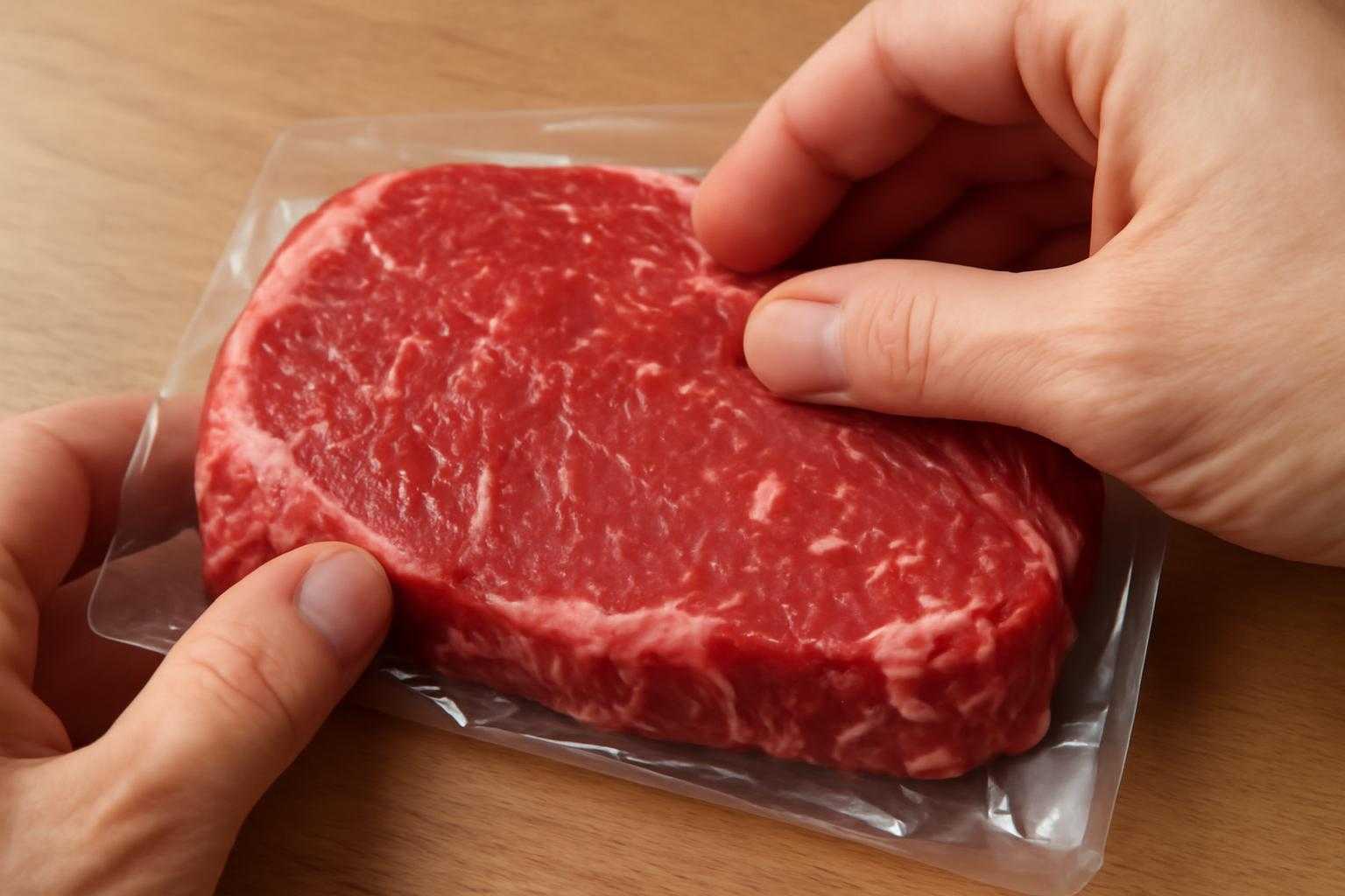 新鮮な牛肉をパッケージから取り出し、色合いを確認している様子