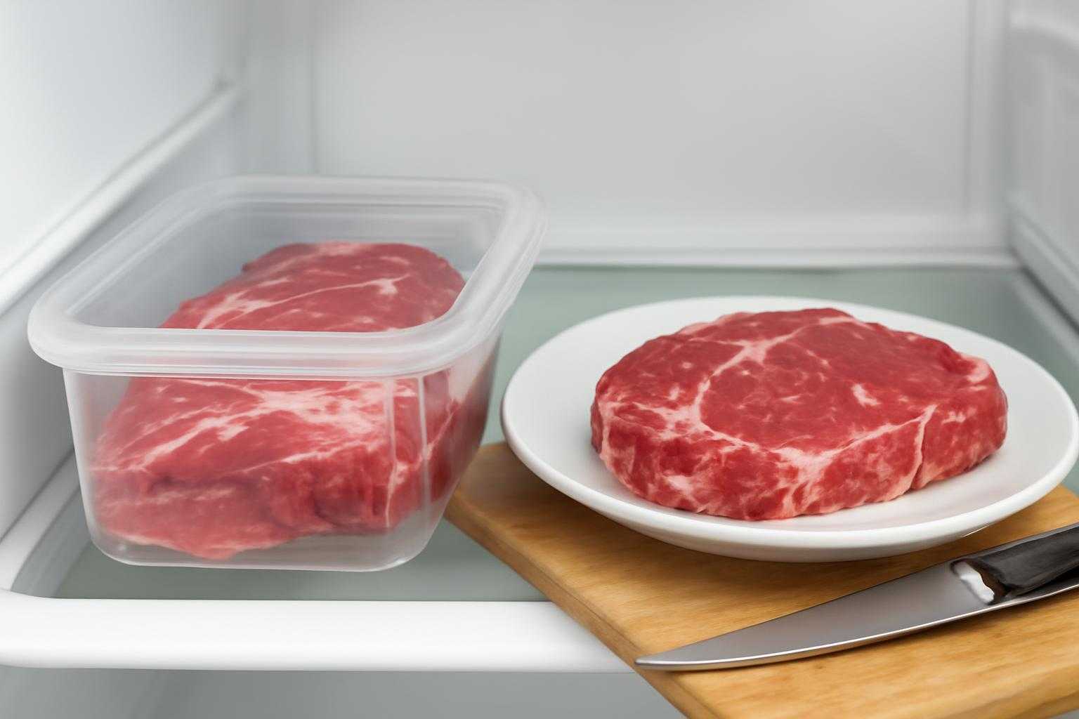 冷蔵庫の牛肉保存用容器と調理中の牛肉を並べた比較画像