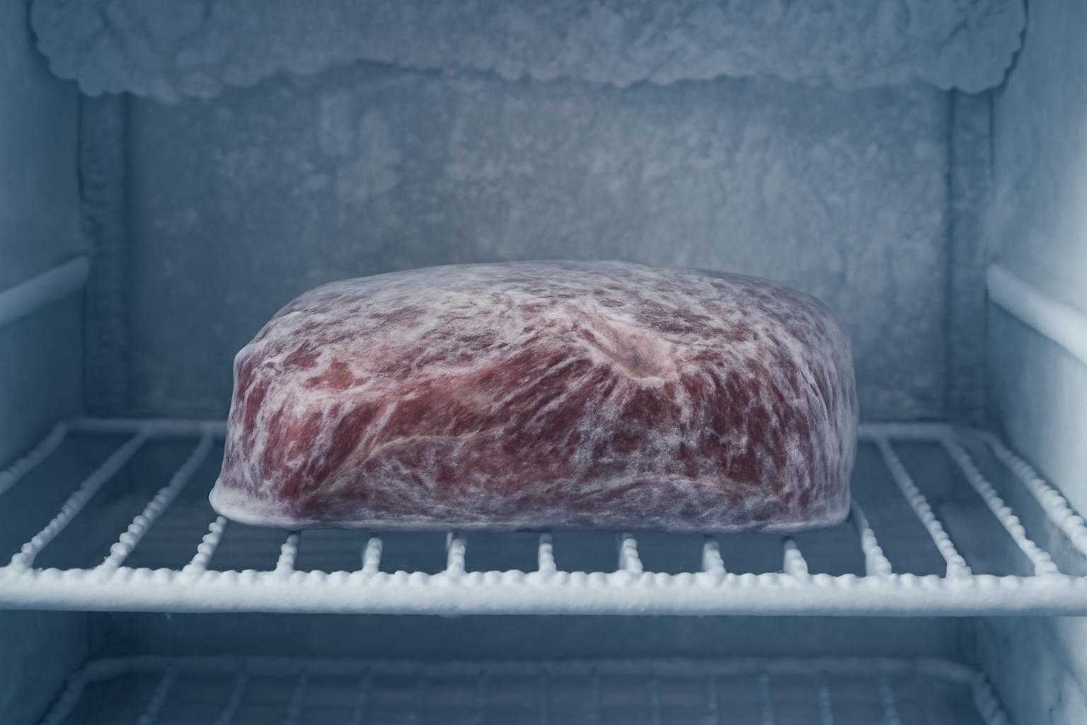 ラップに包まれた牛肉を冷蔵庫の冷凍室に保存している様子