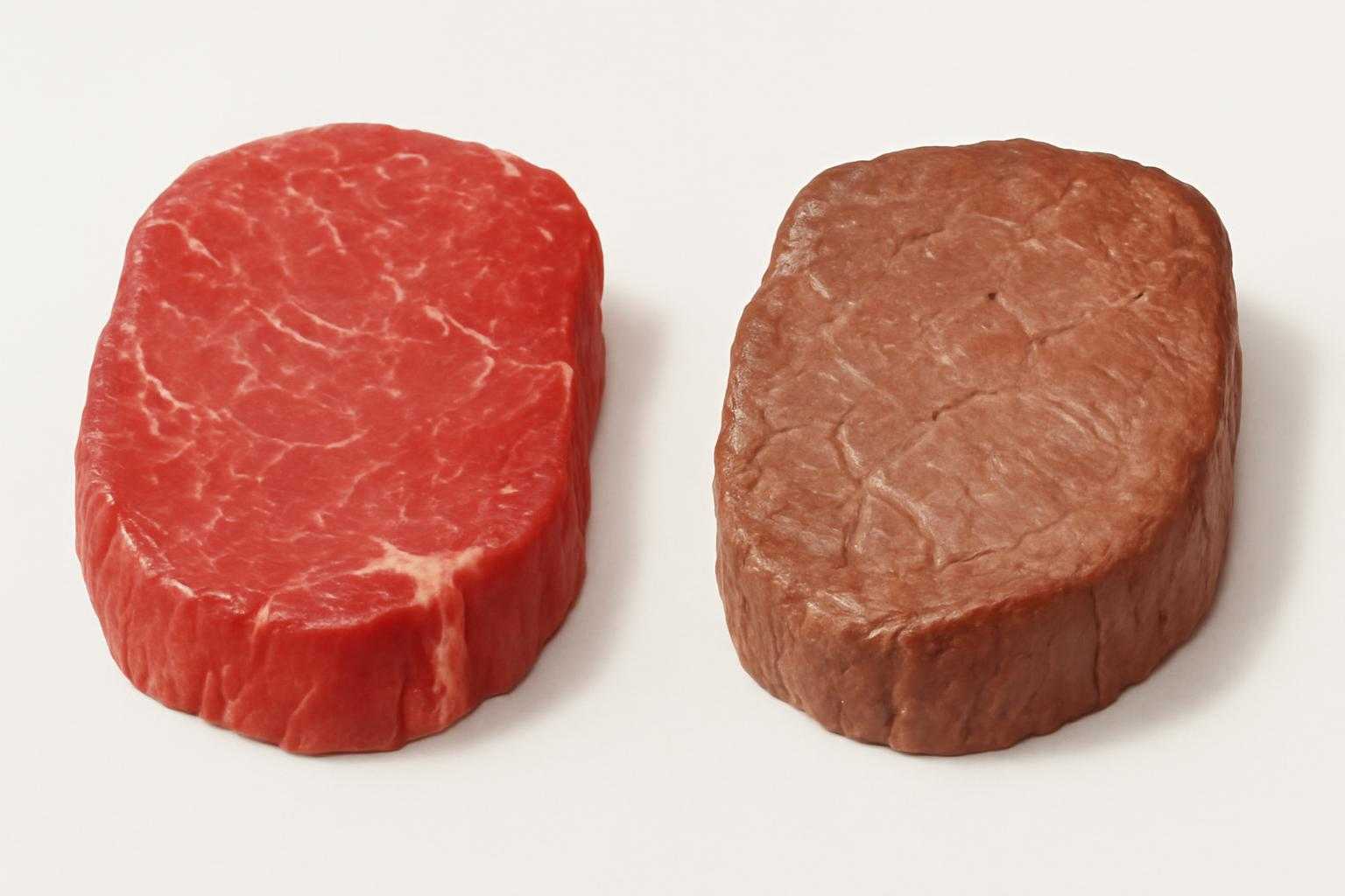変色した牛肉と新鮮な牛肉の色の違いを比較した様子