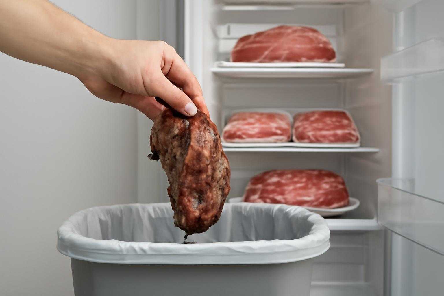 腐った牛肉を捨てて、清潔な冷蔵庫に新しい肉を保存する様子