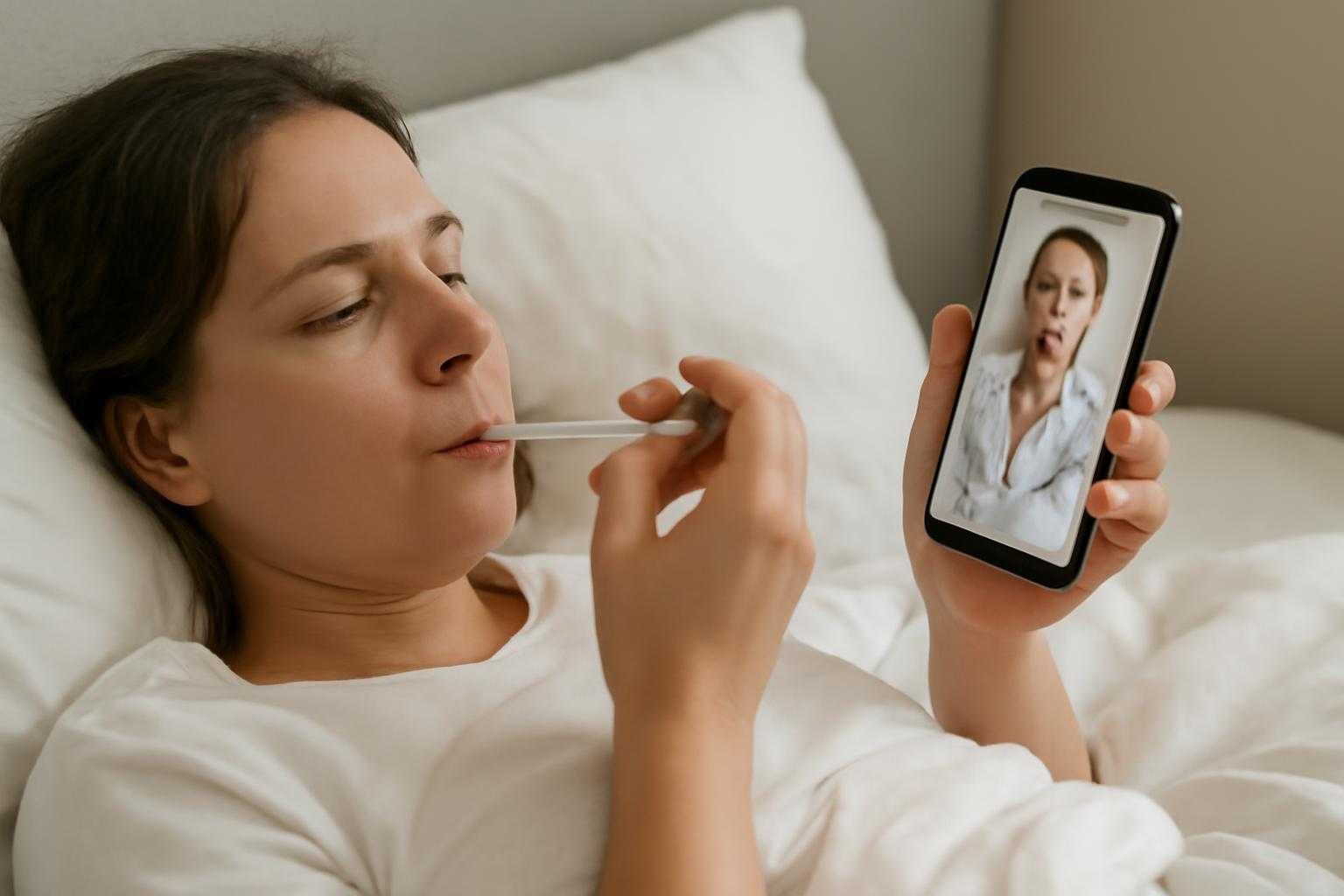 体調不良で横になる人と、スマートフォンで医師に相談する場面