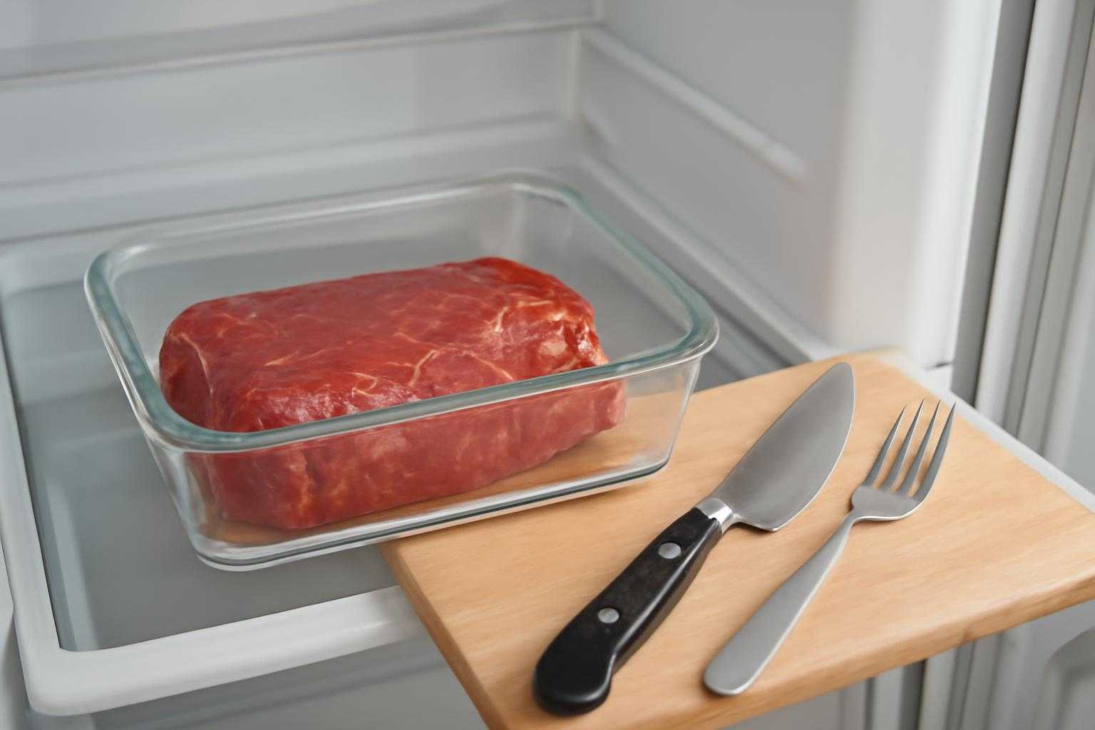 冷蔵庫に保存された牛肉とキッチンの衛生管理