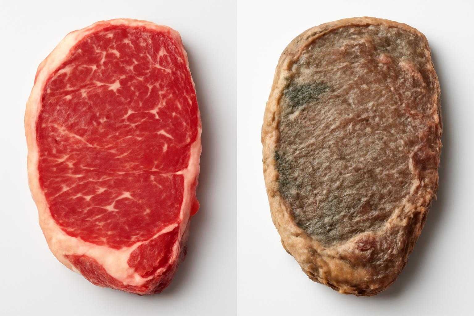 新鮮な牛肉と傷んだ牛肉の色や状態の比較