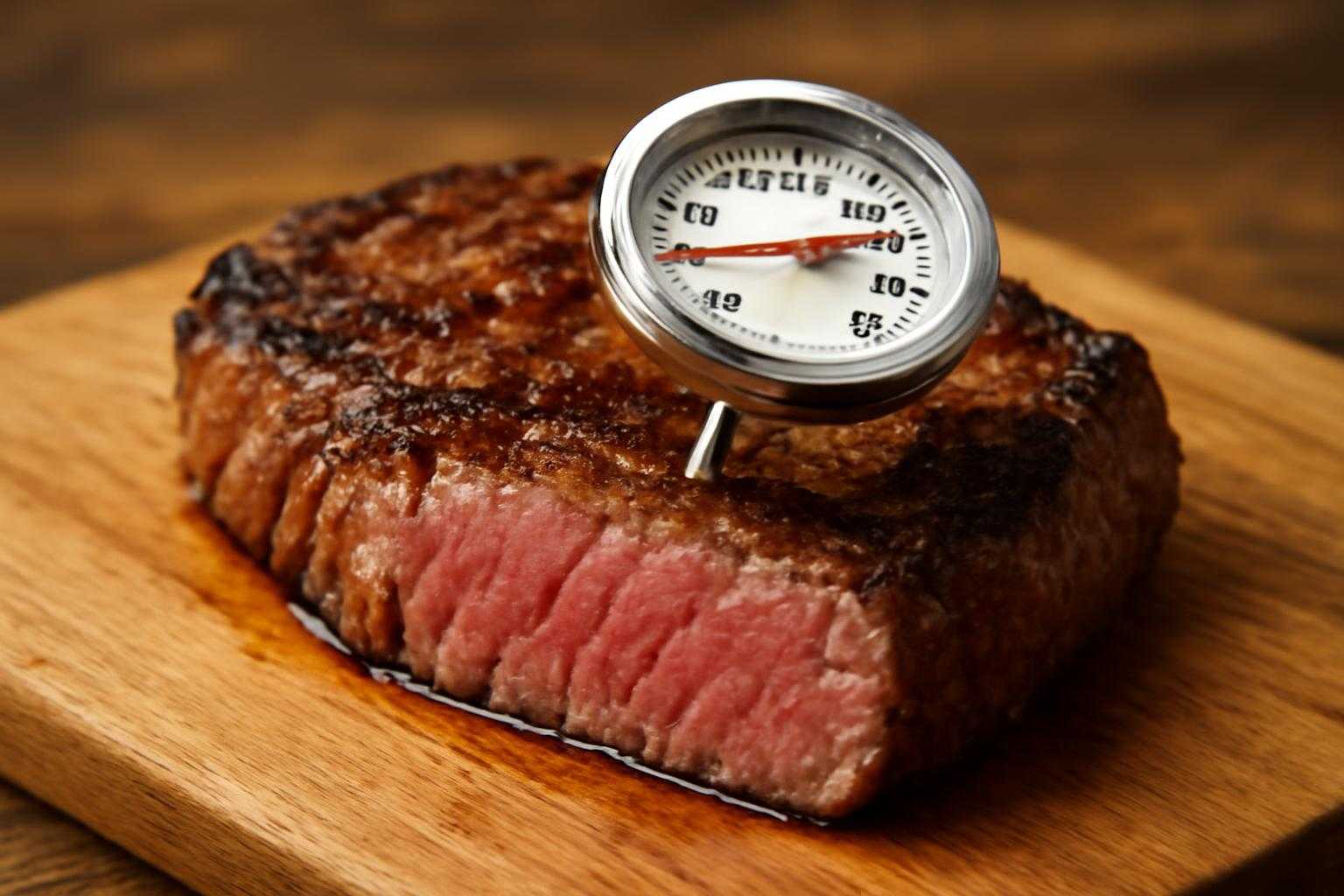 温度計で牛肉の内部温度を測定している調理風景