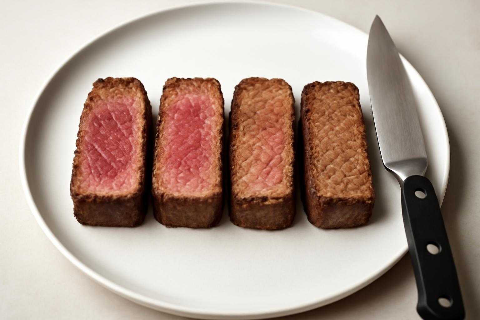 フライパンで焼かれた異なる焼き加減の牛肉ステーキの並べ比較