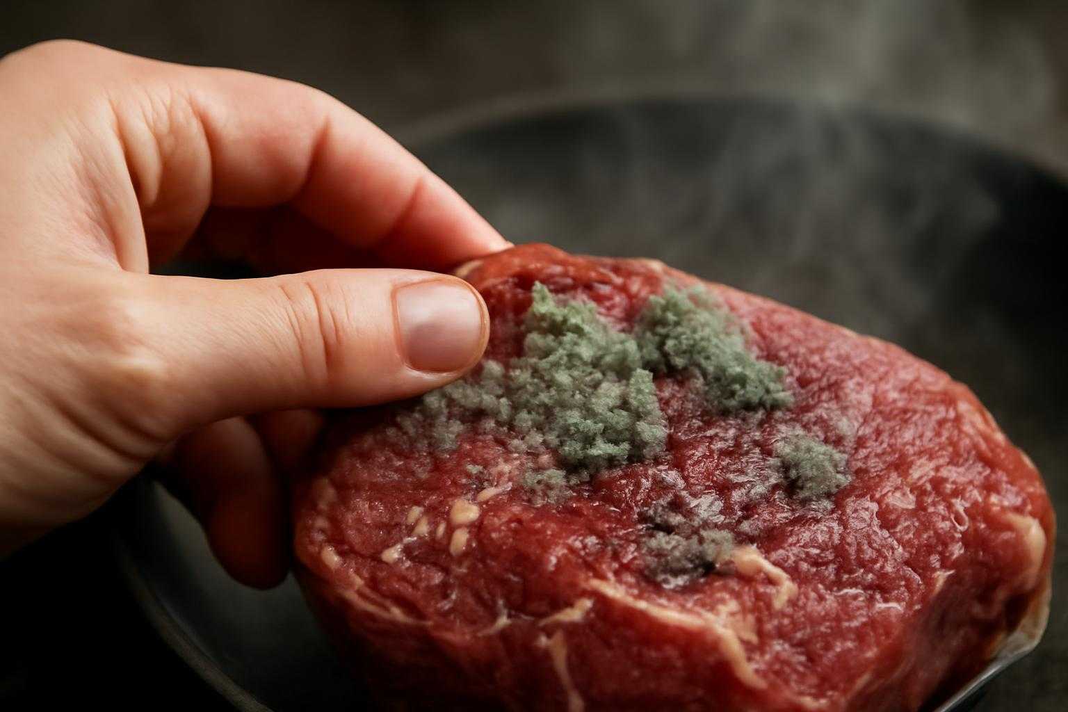 腐った牛肉の臭いを嗅ぐ人の鼻と、湯気が立つ加熱調理の様子