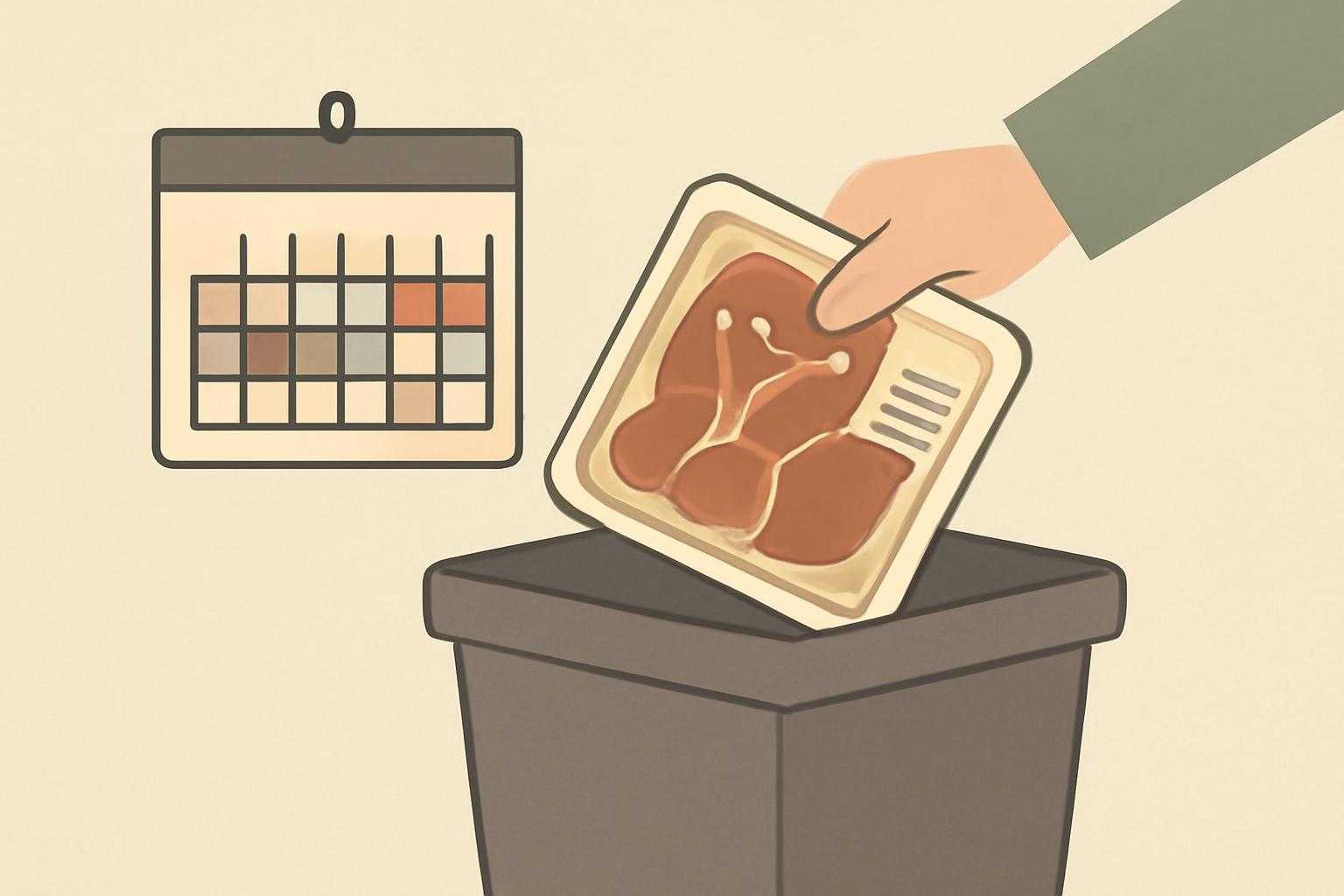 消費期限切れの牛肉パッケージとゴミ箱、安全な処理方法を示すイメージ