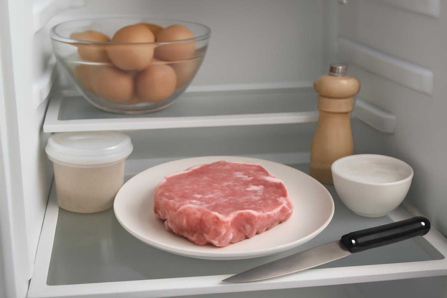 冷蔵庫で解凍中の豚肉と調理器具