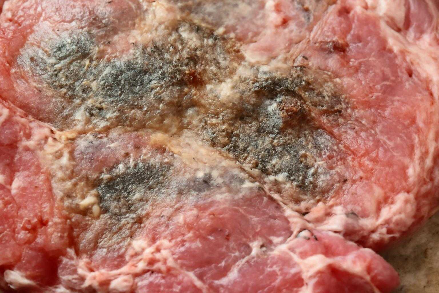 傷んだ豚肉の色や臭いの変化を確認する様子