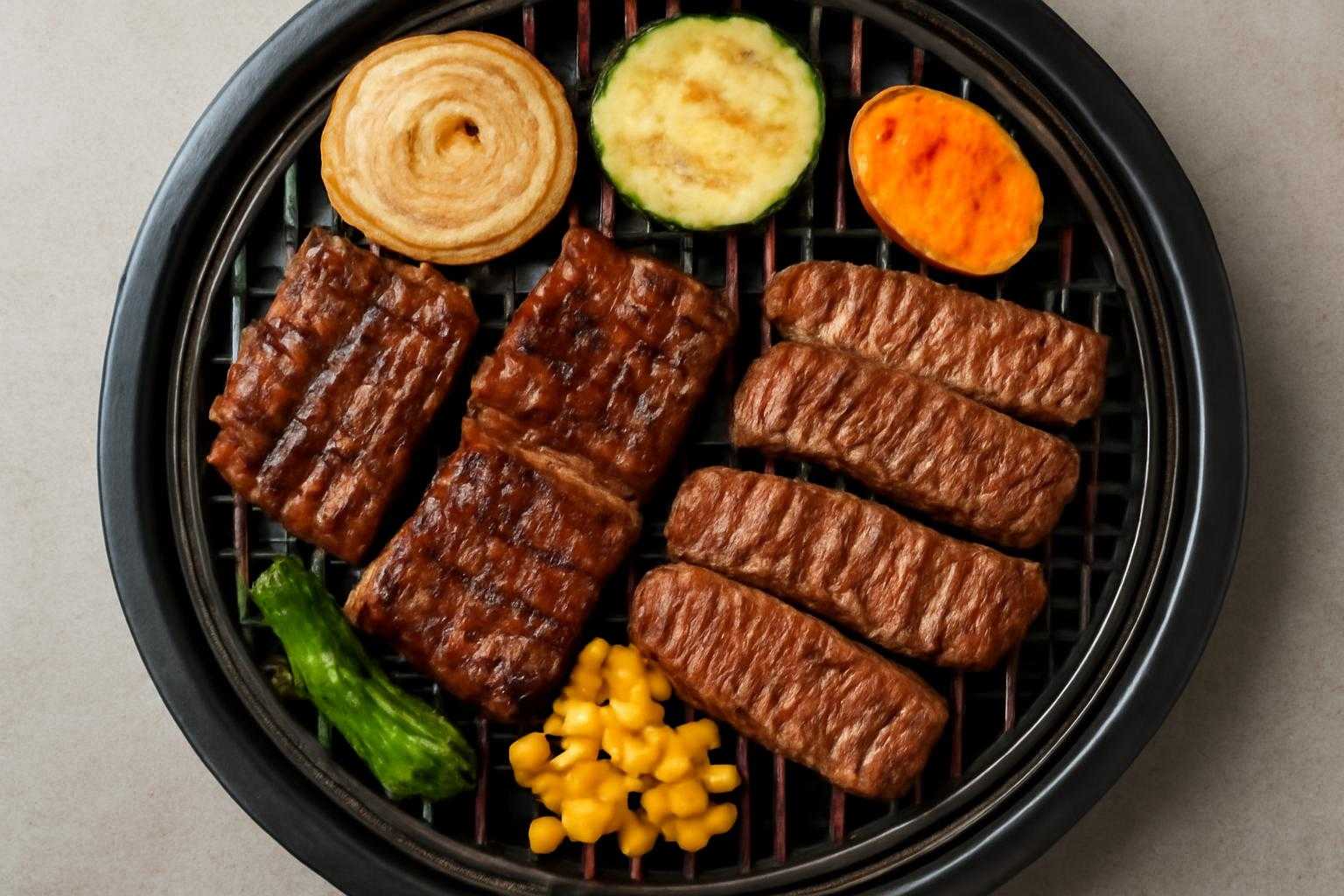 焼き肉プレートに盛られたハラミとロースの調理例