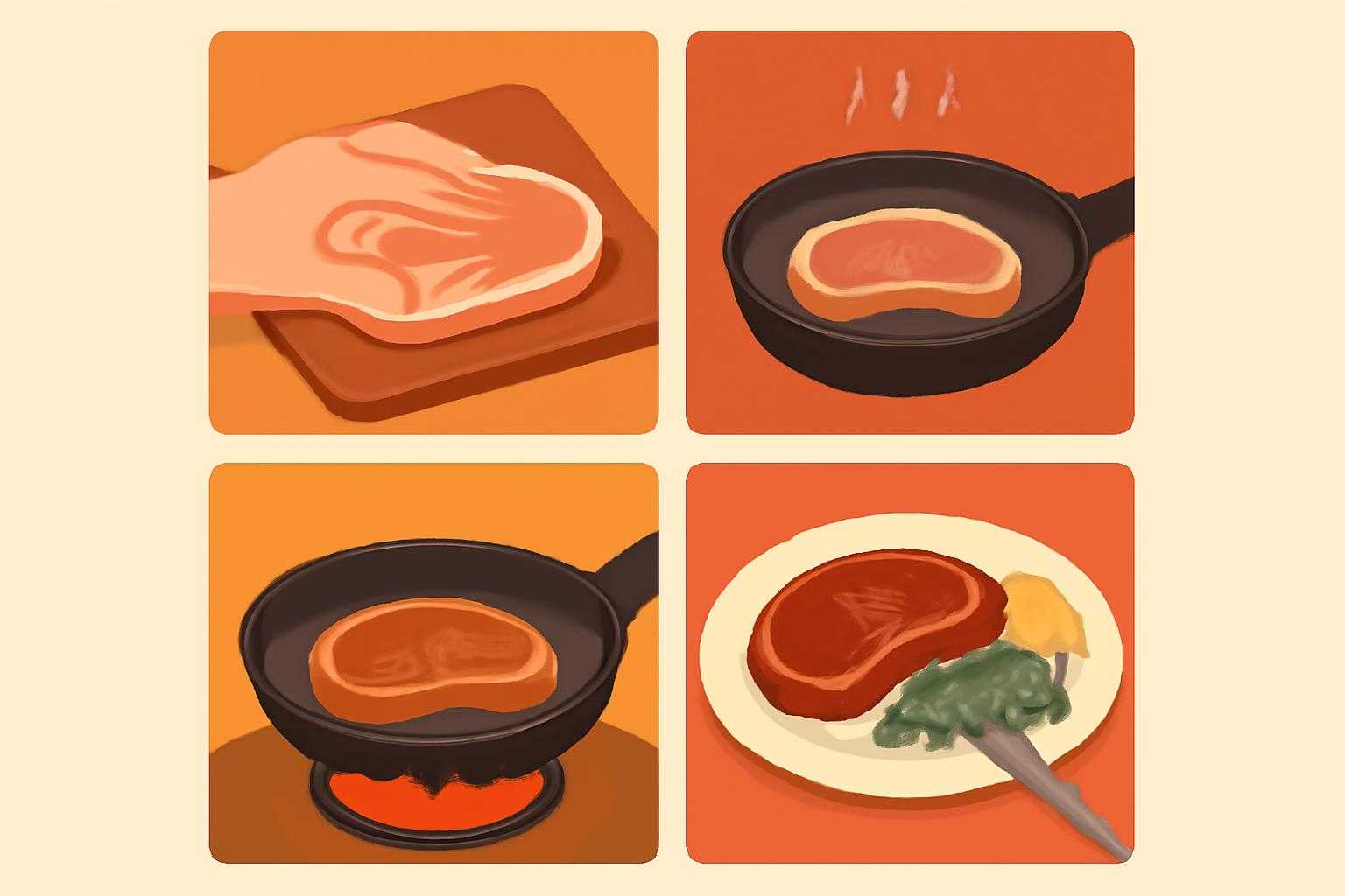 調理前の豚肉を確認し、加熱調理を行い、食べている様子