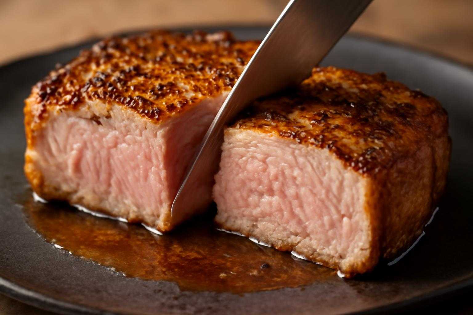 加熱した豚肉の断面を調べている様子
