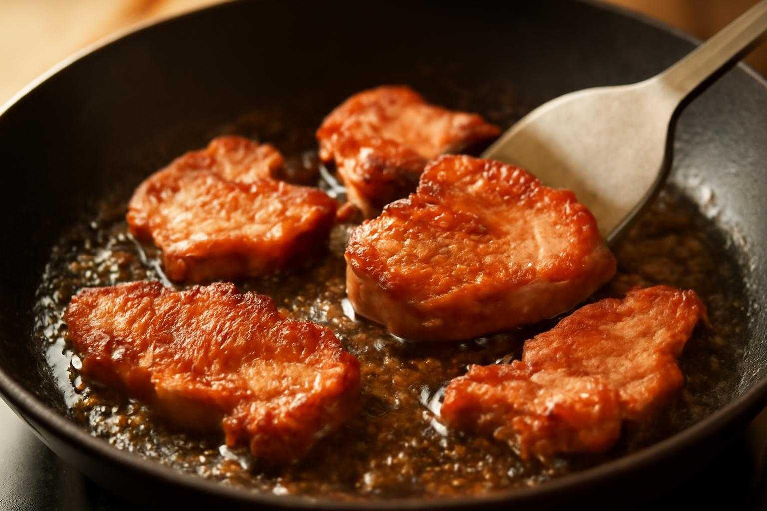 フライパンで豚肉を焼いている調理風景