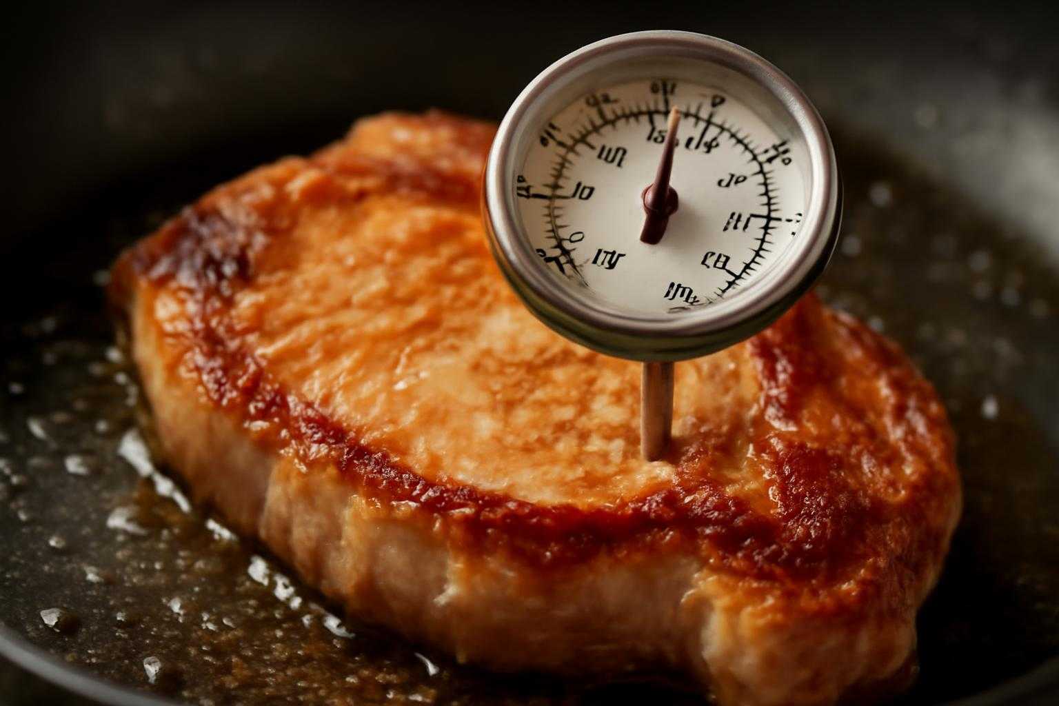 豚肉を焼く調理シーン。加熱温度計で温度を測定している様子