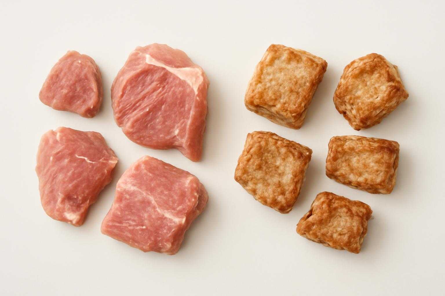新鮮な豚肉と調理済みの豚肉を並べて比較する画像