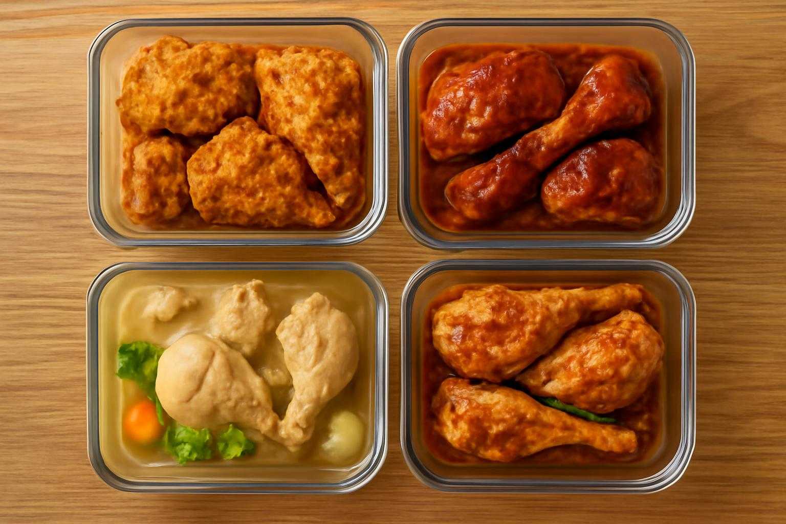 唐揚げ、照り焼き、スープなど調理済み鶏肉料理の保存容器