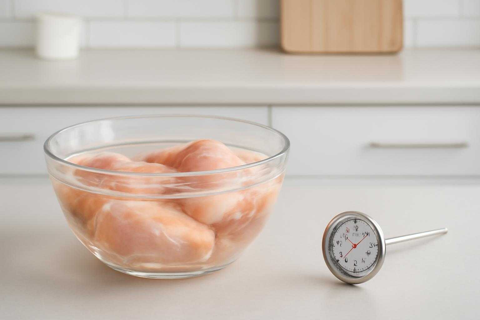 冷蔵庫から取り出した冷凍鶏肉を水で解凍している様子