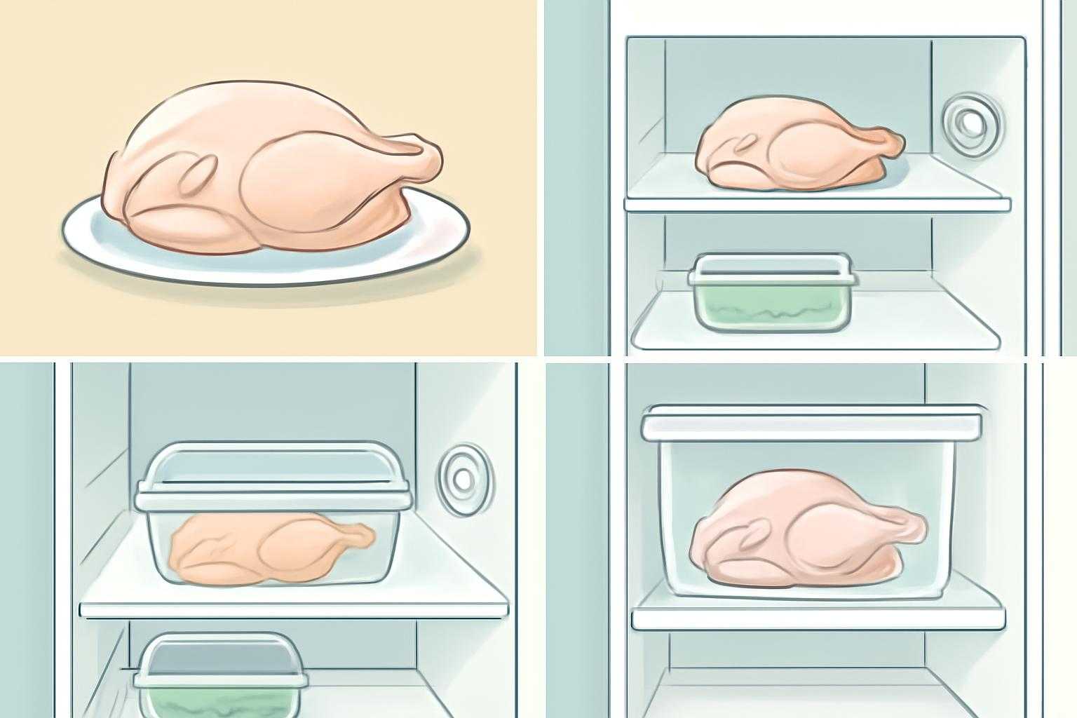冷蔵庫の中で鶏肉を保存している様子と解凍の流れ