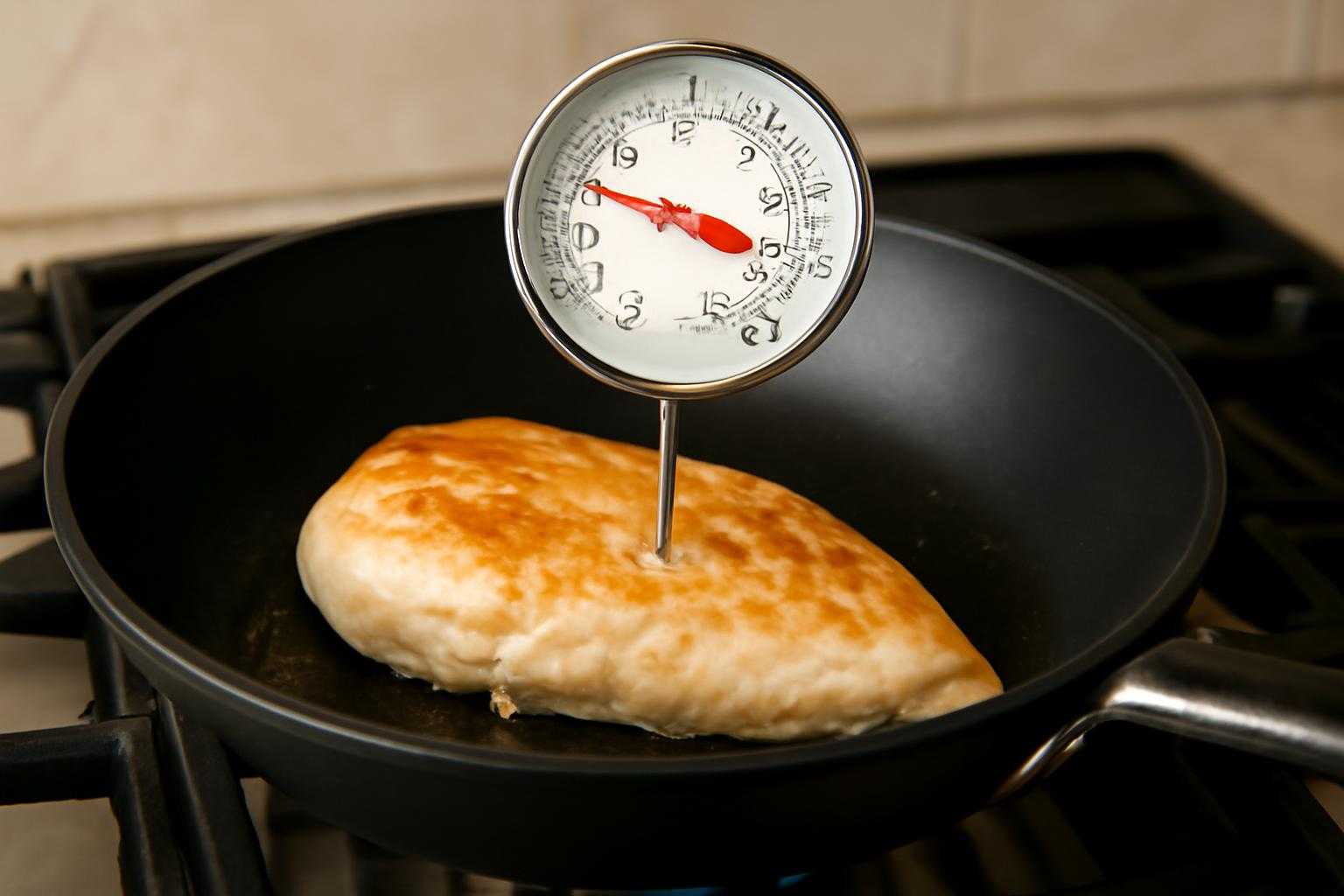 鶏肉を温度計で測りながら加熱調理する様子
