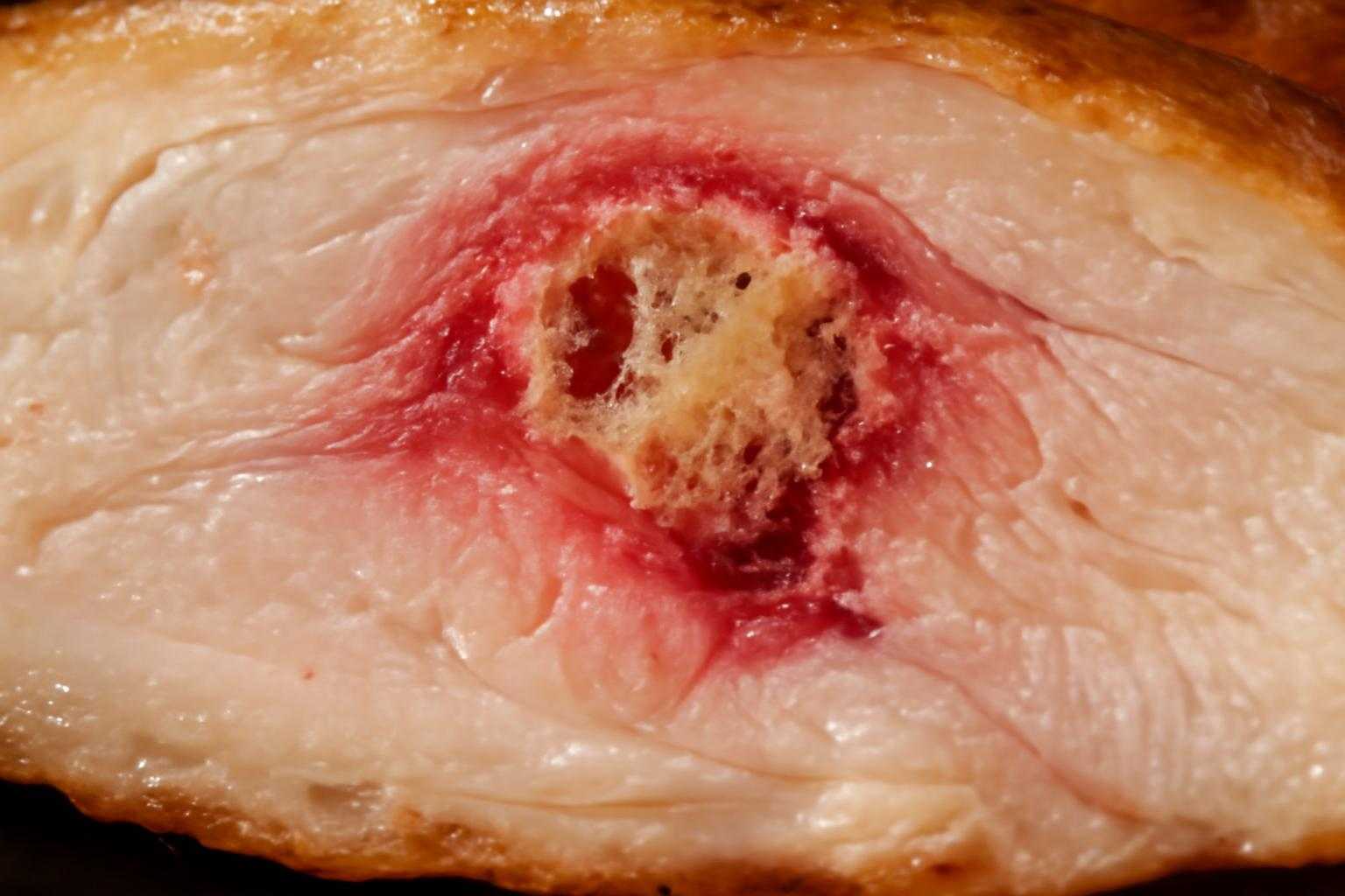 加熱済みの鶏肉の断面に見られる骨周りの赤さ