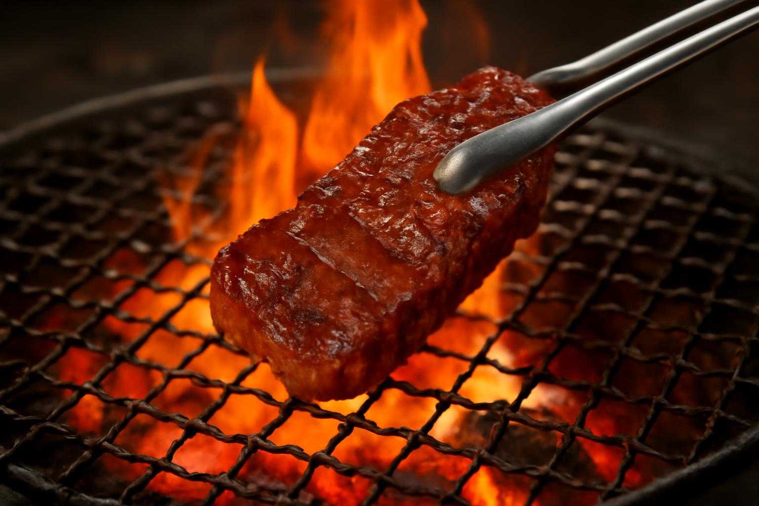 焼肉用トングでハラミを焼いている調理シーン
