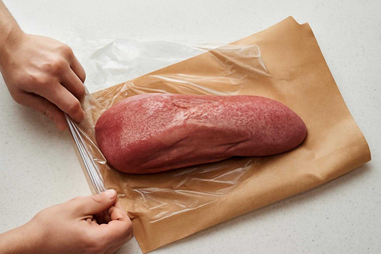 ラップとラップ、キッチンペーパーで牛タンを丁寧に包む様子