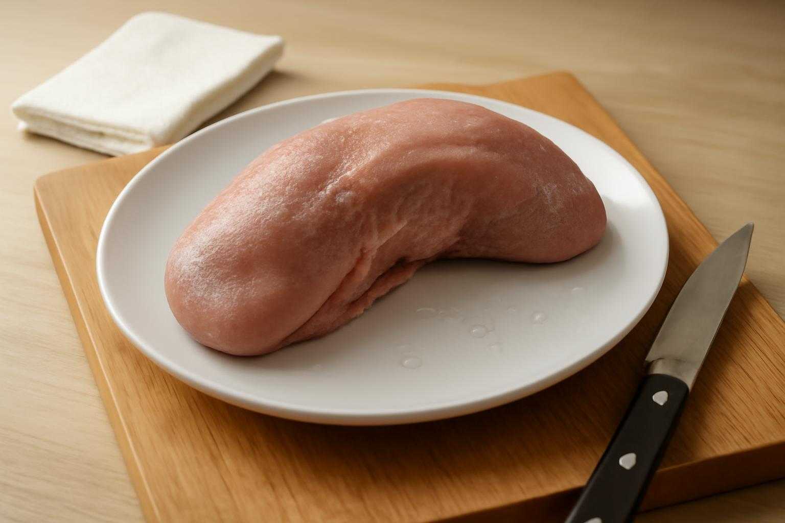 冷蔵庫で解凍される牛タンと調理前の準備