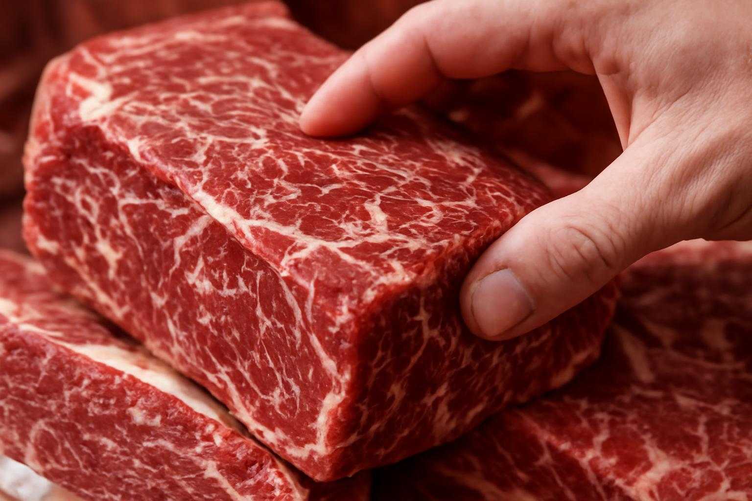 新鮮な牛サガリの肉を手で持ち、品質を確認している様子