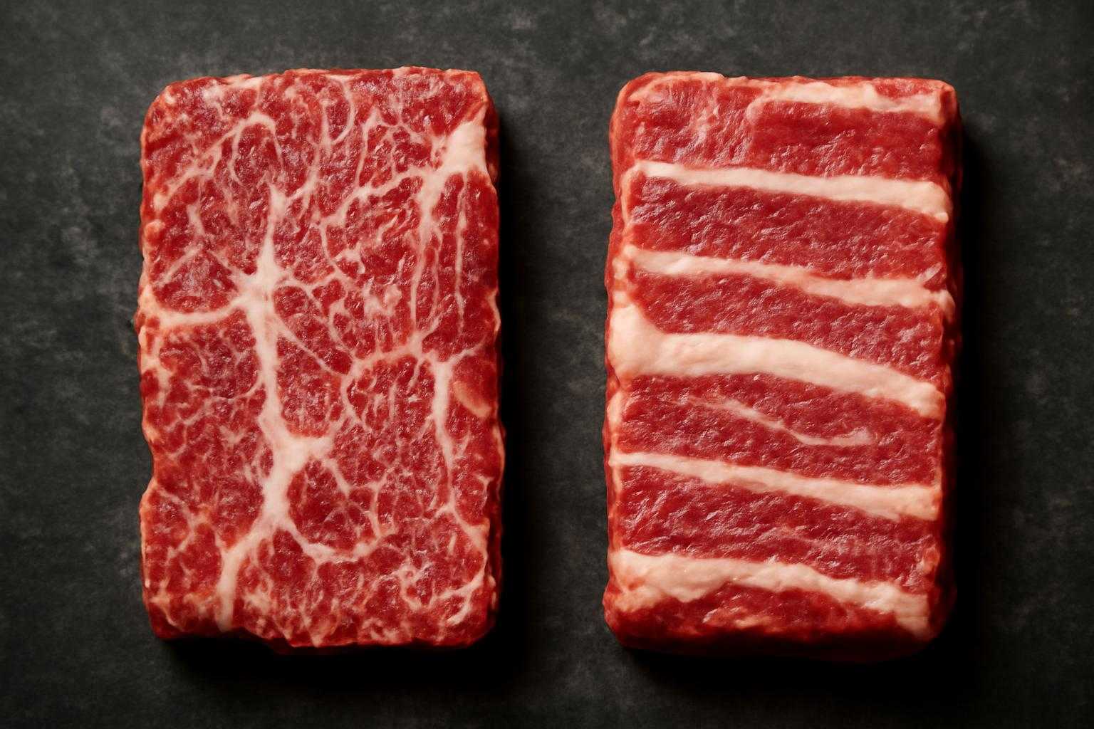 カルビとバラ肉の食感と脂の違いを表現した比較画像