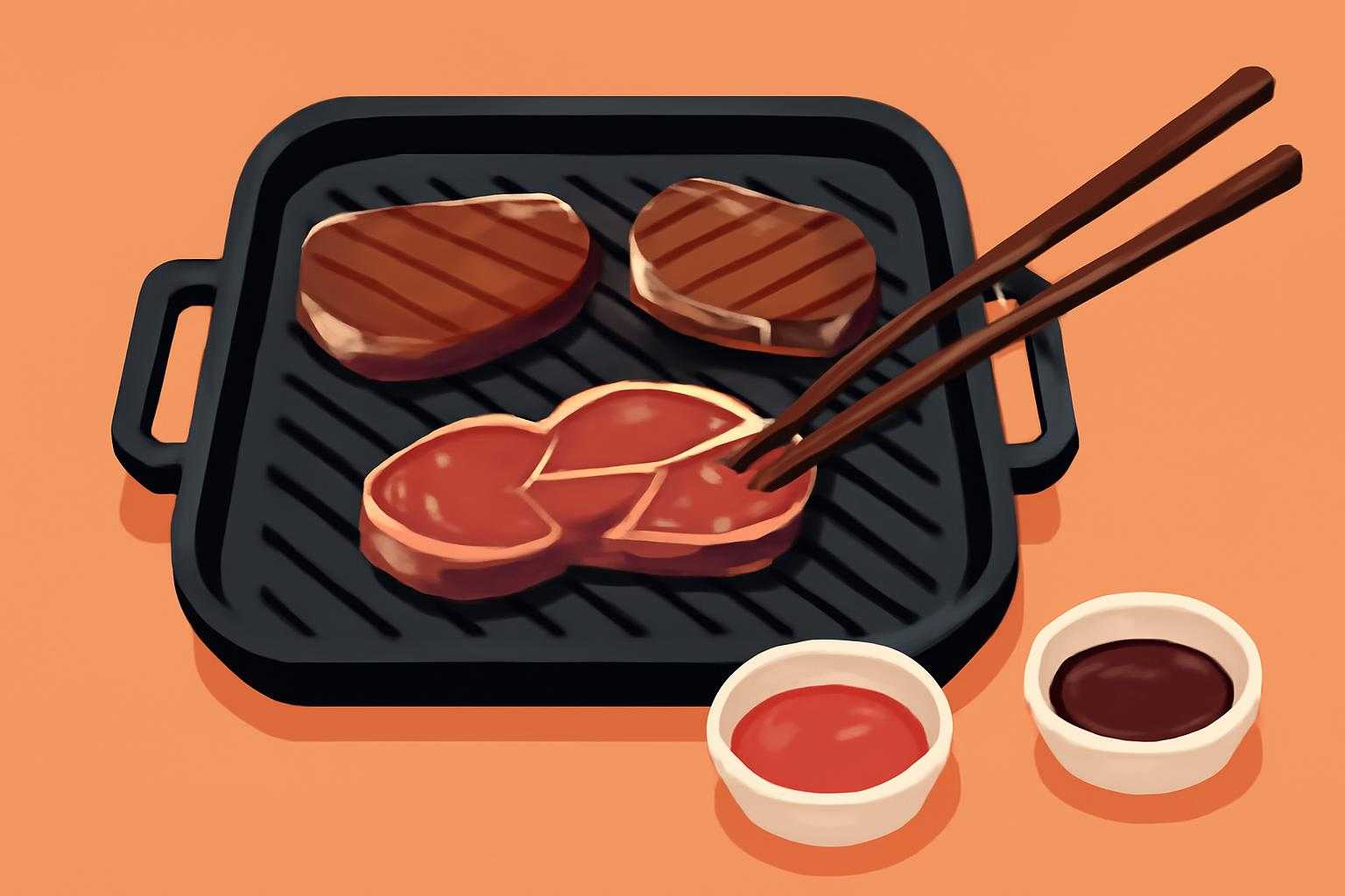 焼肉を焼いている様子と食べ方の比較シーン