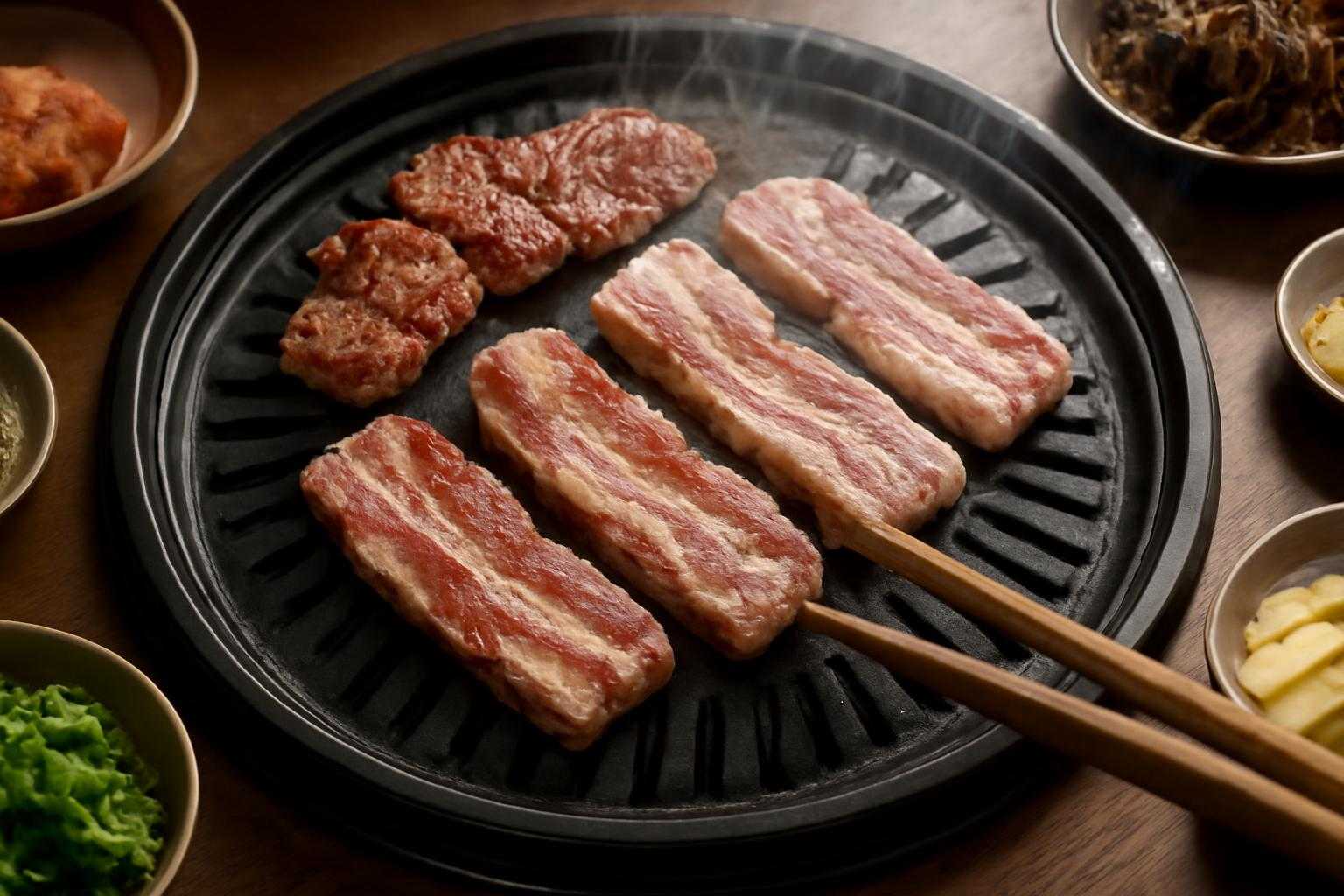 焼肉グリルで豚カルビと豚バラを焼いている調理風景