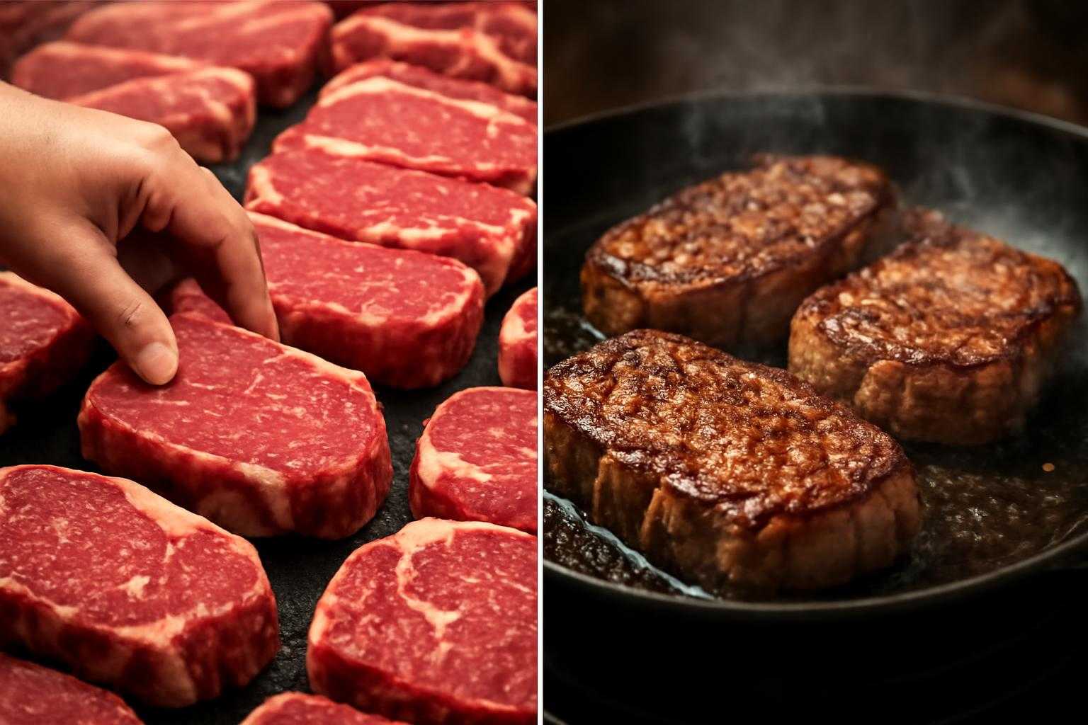 新鮮な牛肉を選別する手元と焼き調理の様子
