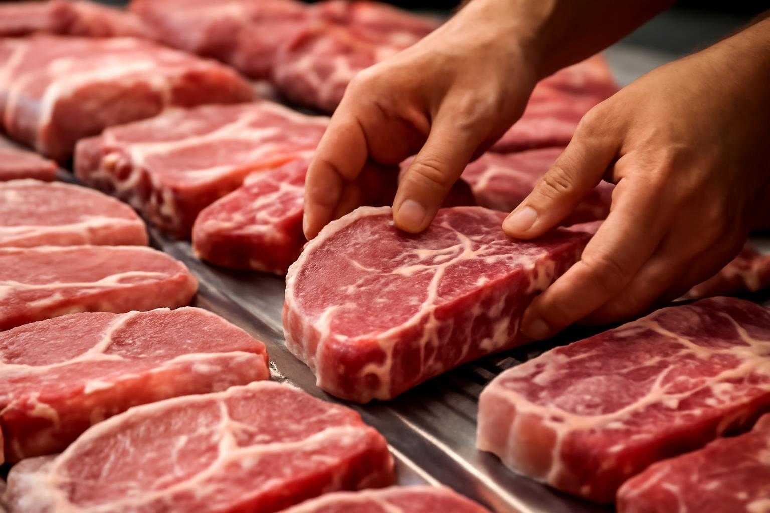 新鮮な豚肉を選んでいる手元のクローズアップ