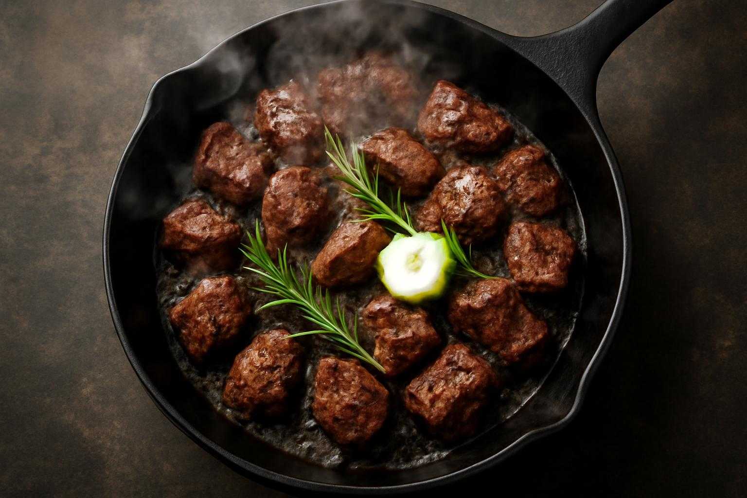 牛肉をフライパンで焼いている調理風景